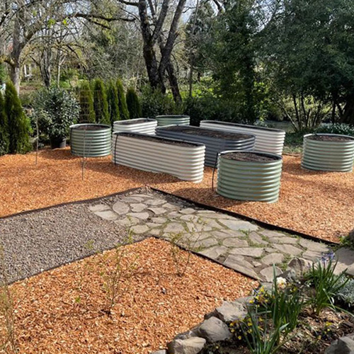 Flagstone pathway in a garden backyard