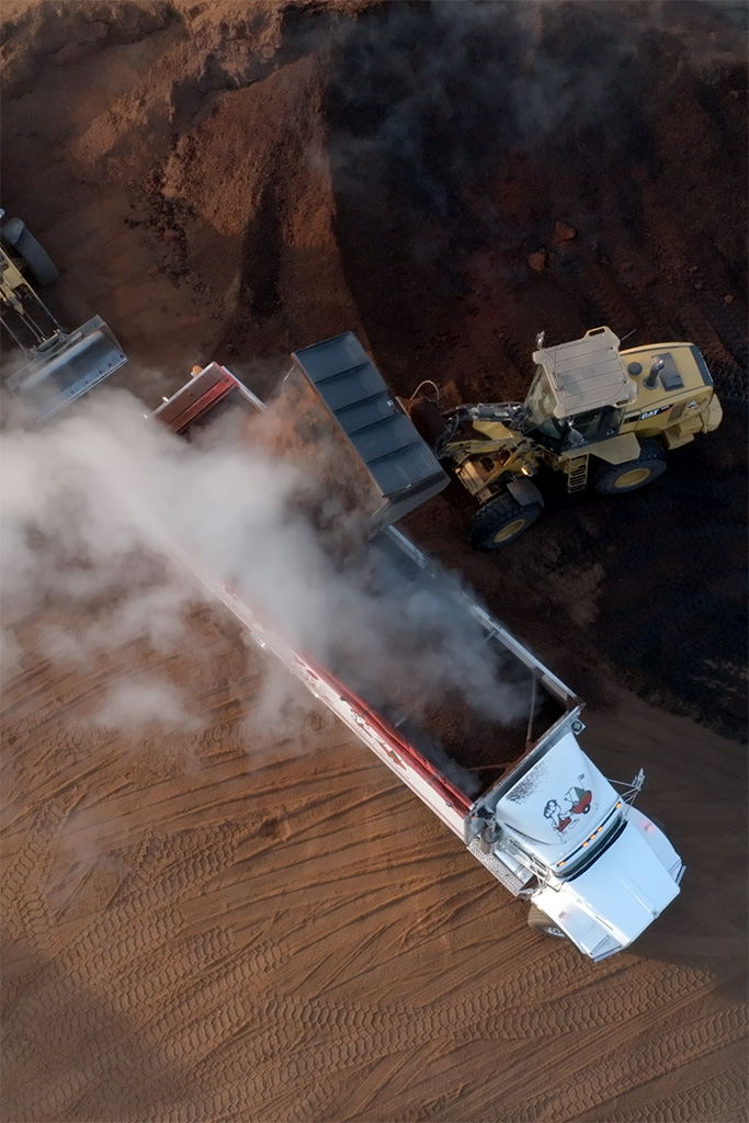 aerial view of Bark Boys delivery truck loading bark