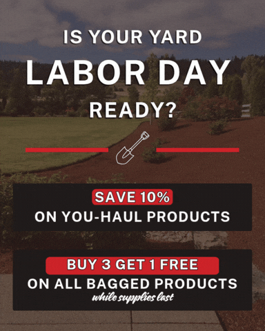 a yard with fresh bark applied with words advertising Bark Boys Labor Day sale